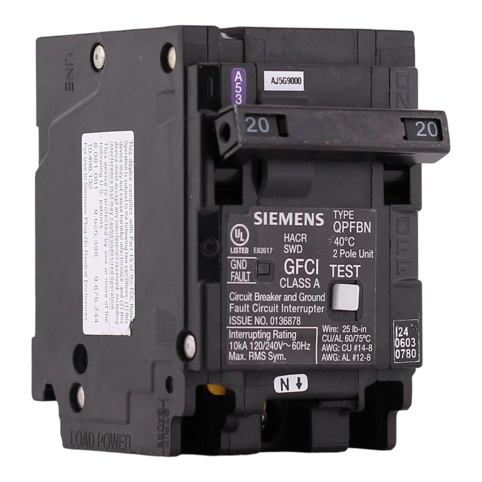 Siemens QP, Q220GFN, 20A, 2P, 120/240V, GFCI, Plug-On Neutral, Circuit Breaker