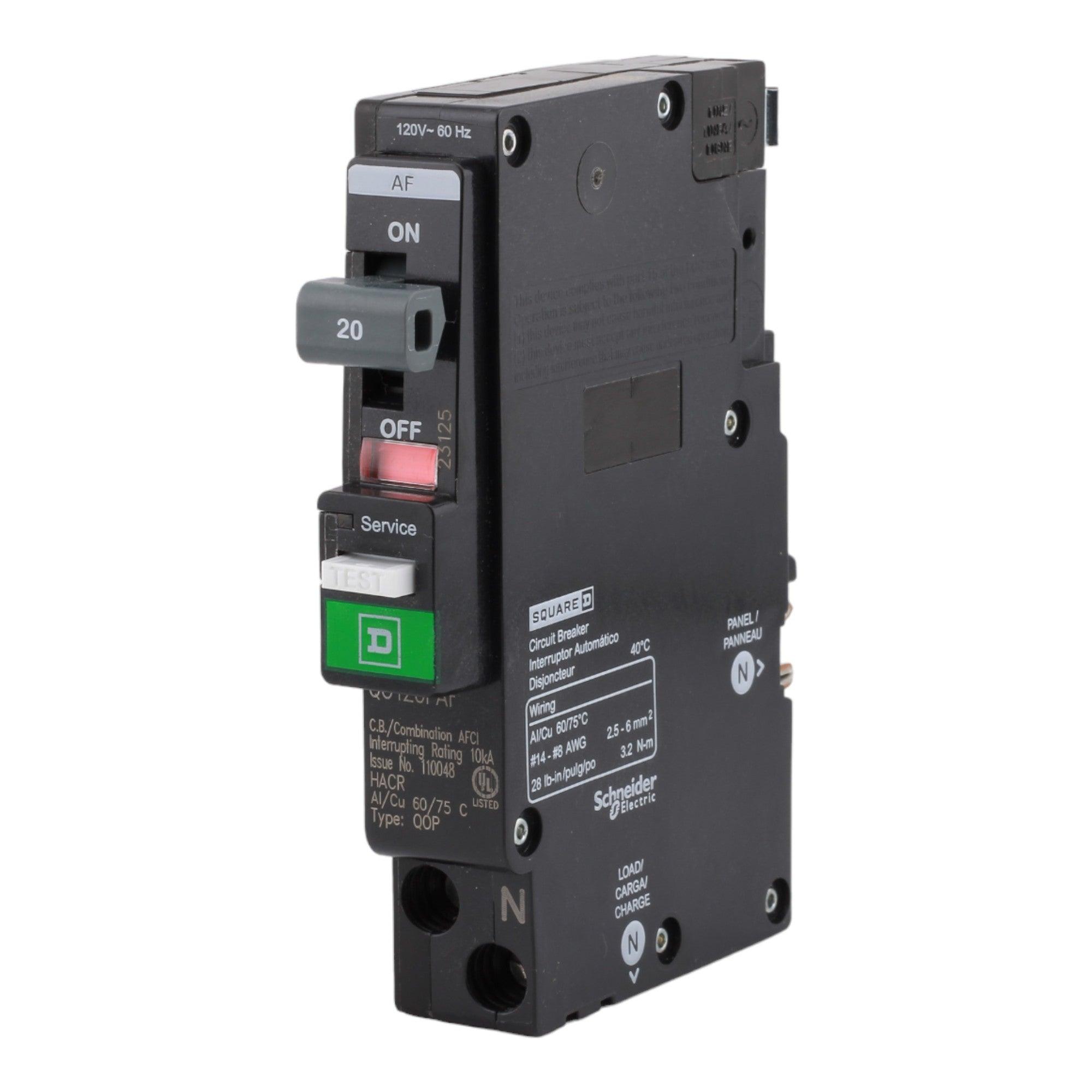 Square D QO120PAF 20A 120V 1-pole AFCI Circuit Breaker Plug-on Neutral UL