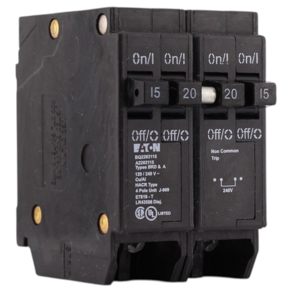 Eaton BR, BQ2202115, 15A/20A, 4P, 120/240V, Quadplex, Plug-On, Circuit Breaker