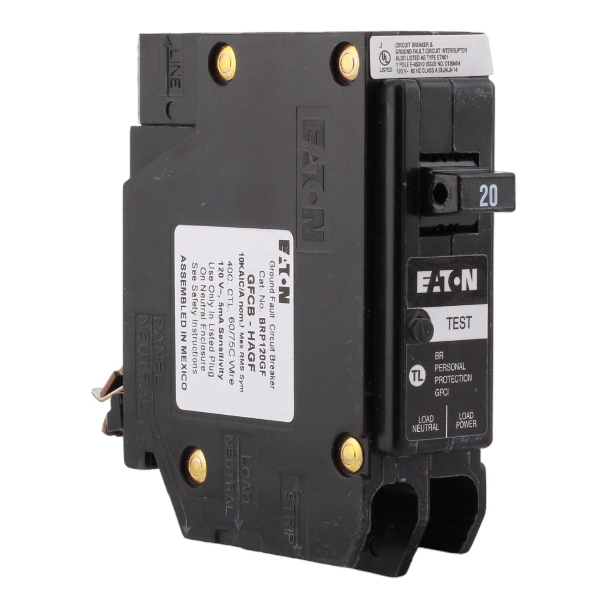 Eaton BRP120GF 20A 120/240V 1-pole GFCI Circuit Breaker Plug-on Neutral for reliable electrical protection.