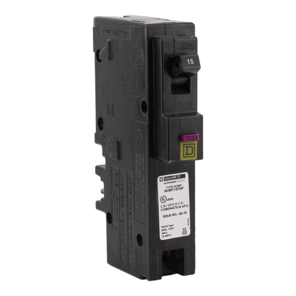 Square D HOM115PDFC, 15A, 120V, 1-Pole, 10kA, Combination Arc-Fault & Ground-Fault Circuit Breaker, Plug-On Neutral, for Homeline Panels