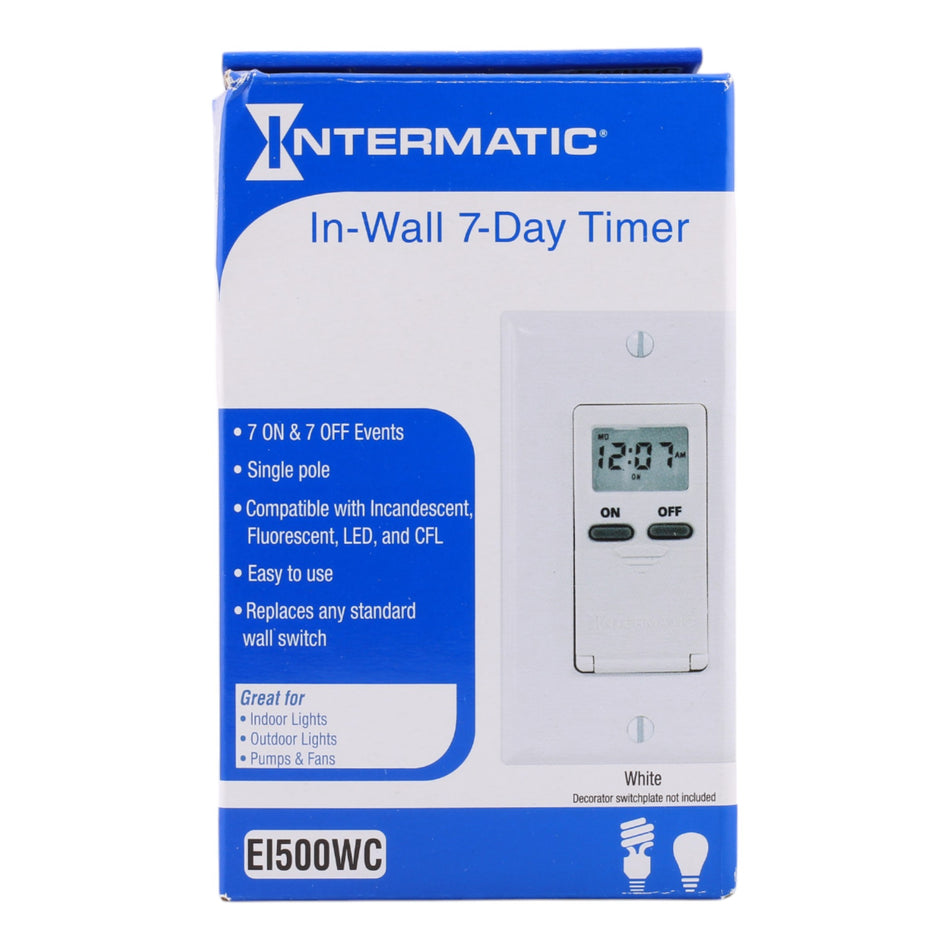Intermatic EI500WC 7-Day Standard Programmable Timer – 125V, 15A, Digital In-Wall Timer, SPST-NO Switch, Battery Backup, White