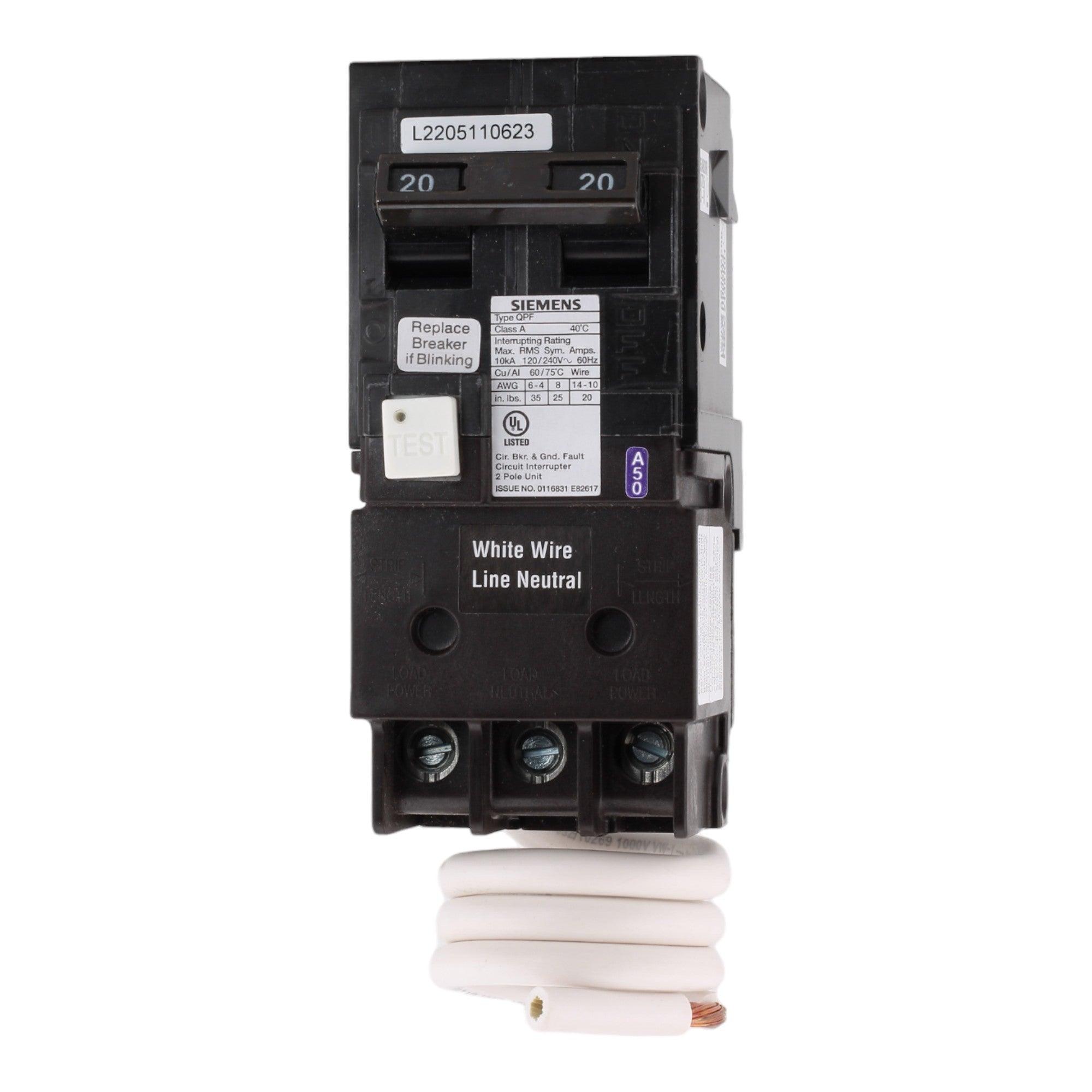 Siemens QF220A 20 Amp Double Pole 240V Pigtail-Neutral GFCI Ground Fault Circuit Breaker UL