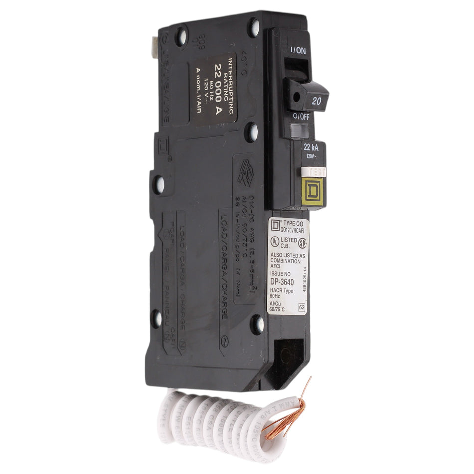 Square D QO, QO120VHCAFI, 20A, 1P, 120/240V, AFCI, Pigtail Neutral, Circuit Breaker