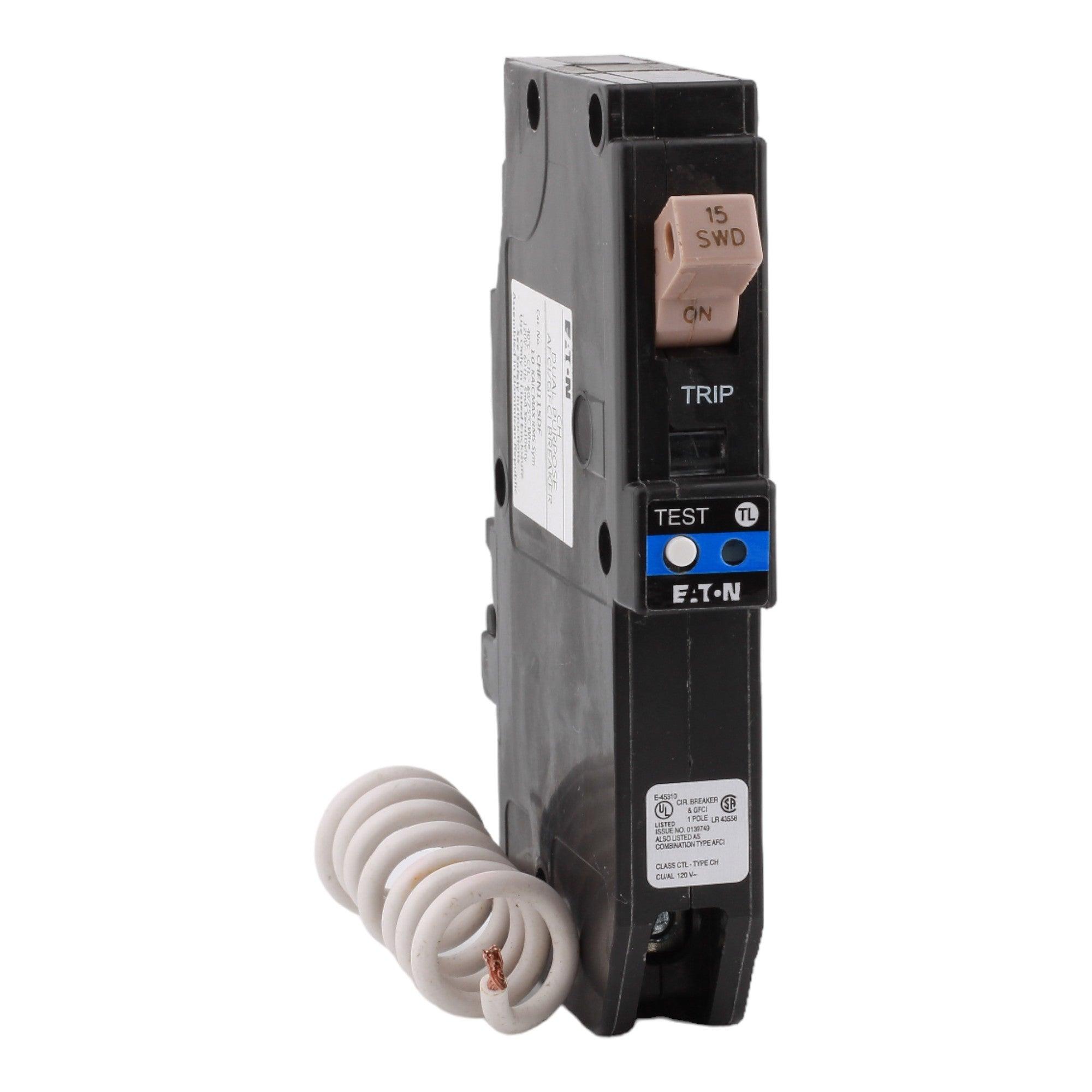 Eaton CHFN115DF 15 Amp Single Pole 120V Pigtail-Neutral AFCI/GFCI Dual Function Circuit Breaker UL