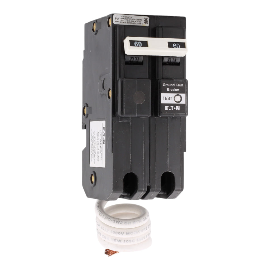 Eaton GFTCB260, 60A, 120/240V, 2-Pole GFCI Circuit Breaker, Ground Fault Self-Test, Plug-On, for BR Load Centers