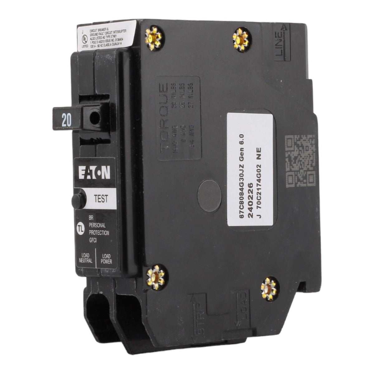 Eaton BRP120GF 20A 120/240V 1-pole GFCI Circuit Breaker Plug-on Neutral