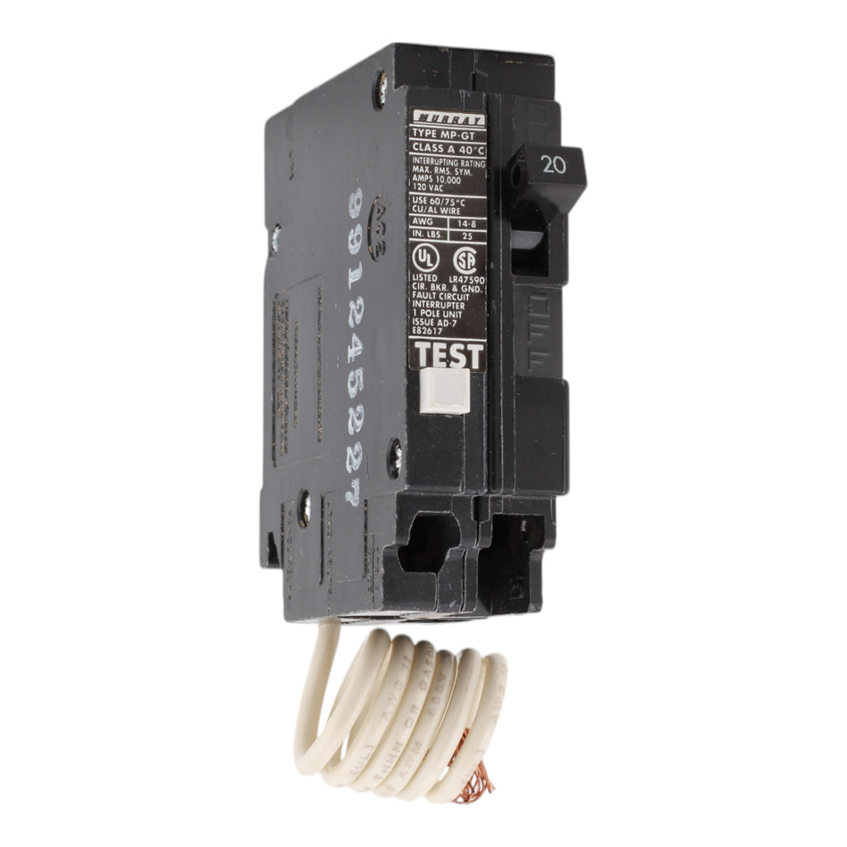 Murray MP120GF, 20A, 120V, 1-Pole GFCI Circuit Breaker, Pigtail Neutral, for Murray and Siemens Load Centers.
