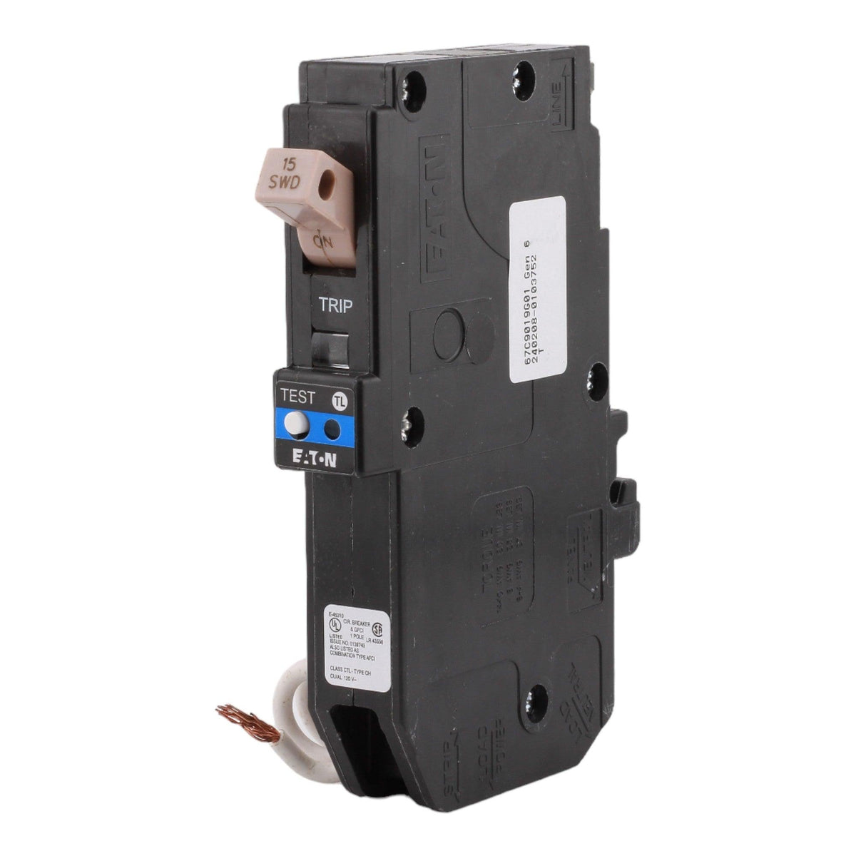 Eaton CHFN115DF 15 Amp Single Pole 120V Pigtail-Neutral AFCI/GFCI Dual Function Circuit Breaker UL