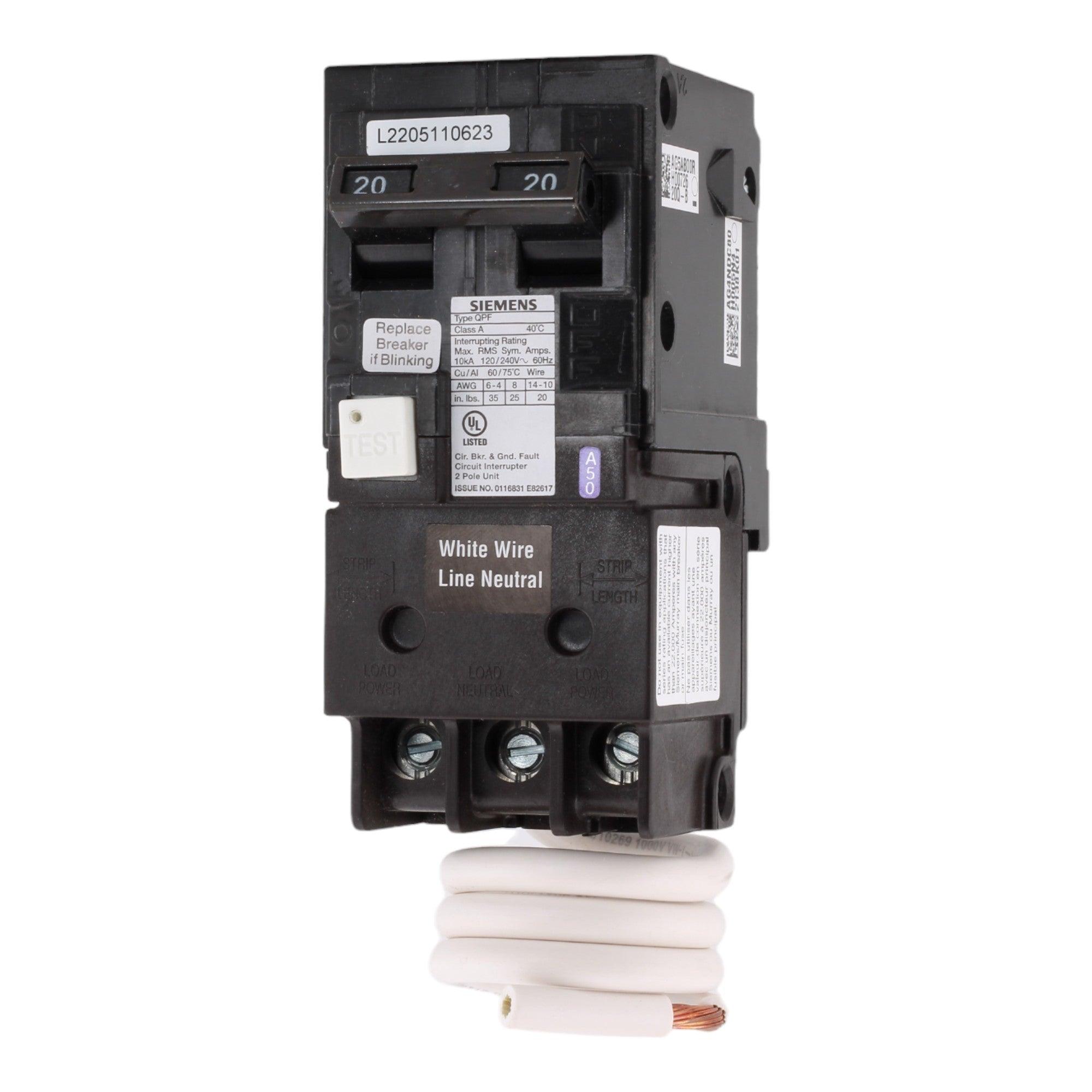 Siemens QF220A 20 Amp Double Pole 240V Pigtail-Neutral GFCI Ground Fault Circuit Breaker UL
