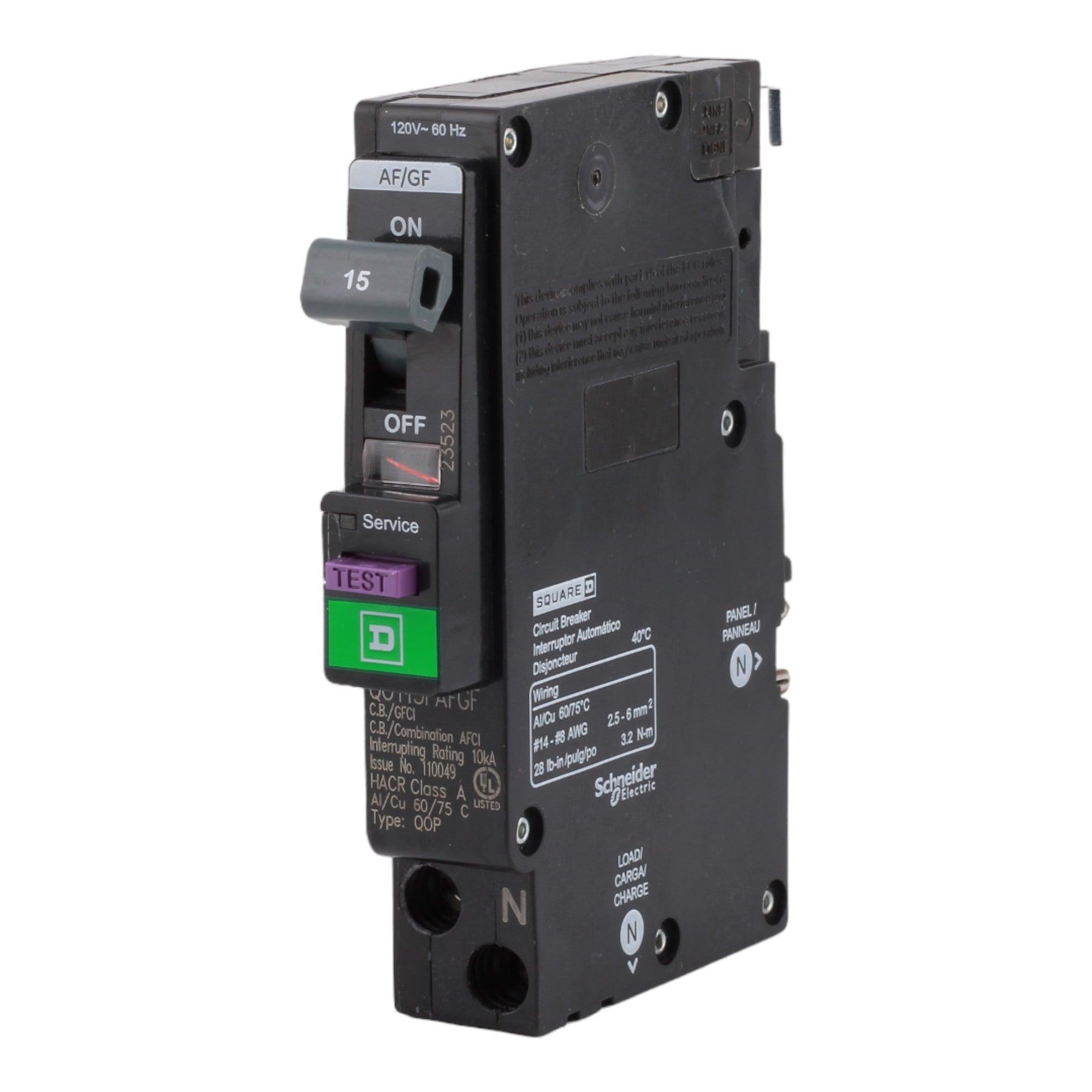 Square D QO115PAFGF 15 Amp Single Pole 120V Plug-On Neutral AFCI/GFCI Dual Function Circuit Breaker UL