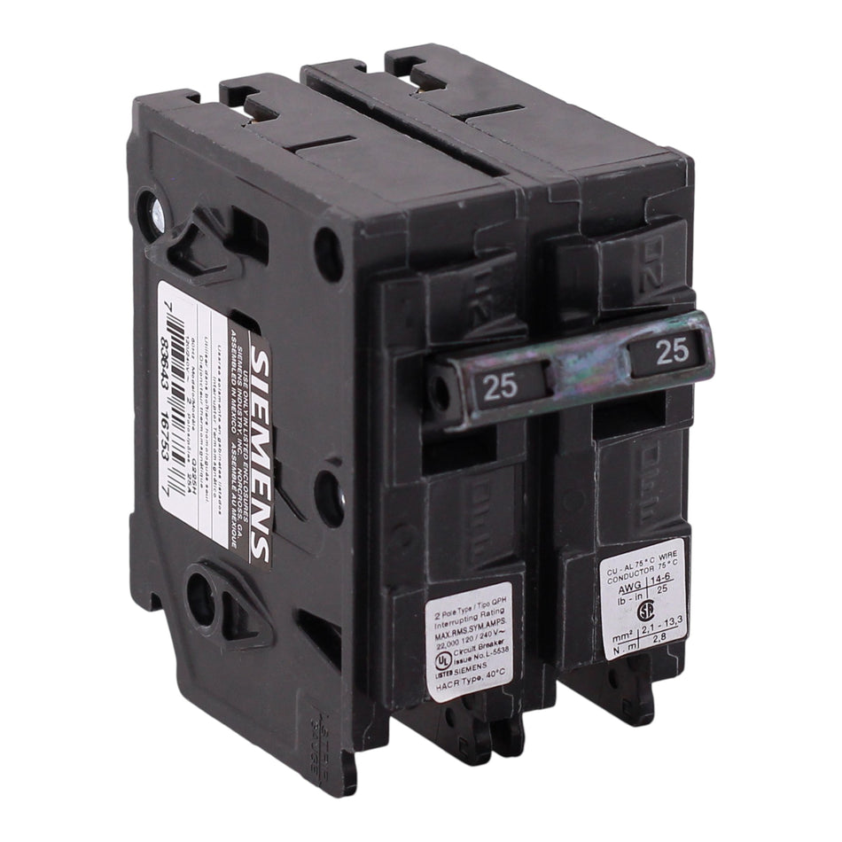 Siemens QP, Q225H, 25A, 2P, 120/240V, 22kAIC, Thermal Magnetic, Circuit Breaker