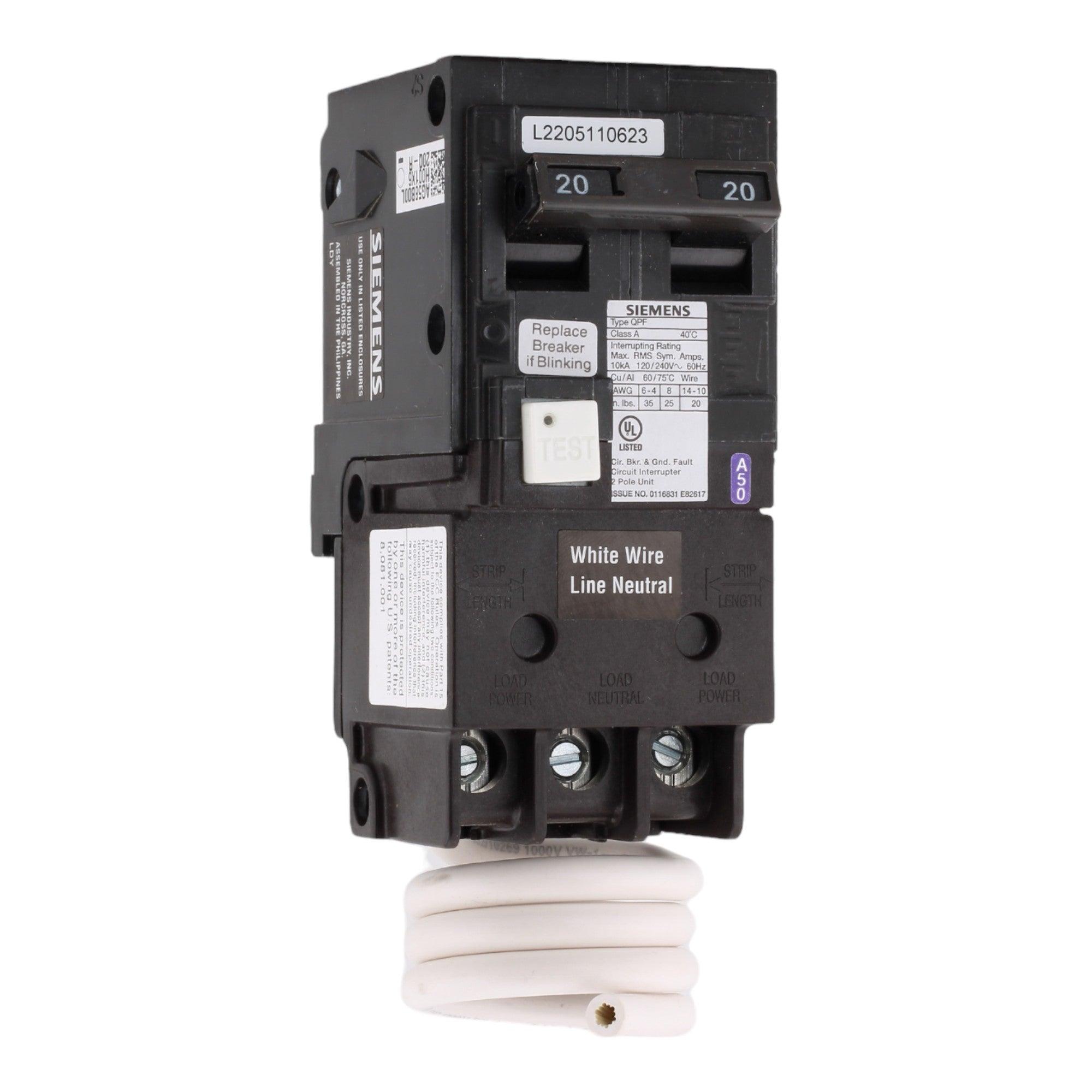 Siemens QF220A 20 Amp Double Pole 240V Pigtail-Neutral GFCI Ground Fault Circuit Breaker UL
