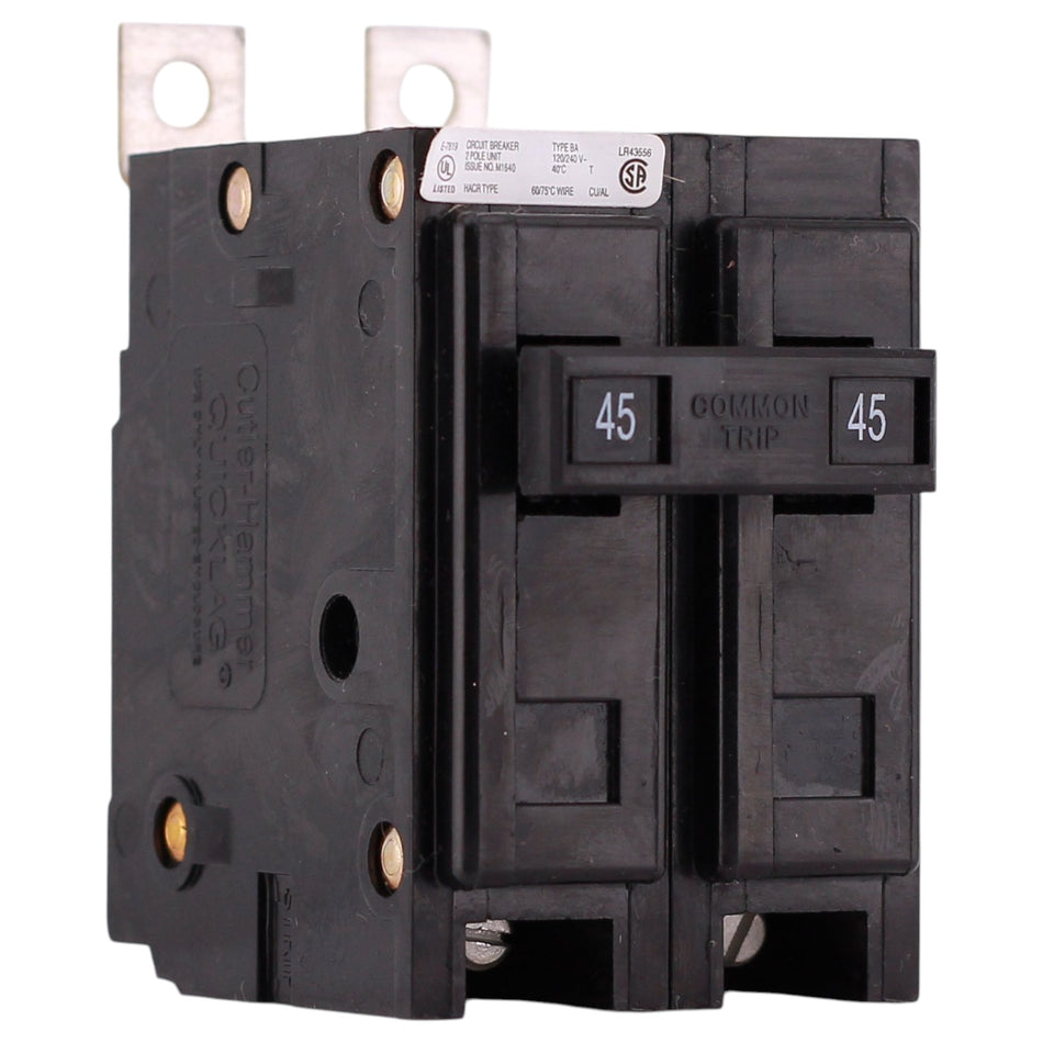 Eaton BAB, BAB2045, 45A, 2P, 120/240V, Quicklag, Thermal Magnetic, Bolt-On, Circuit Breaker