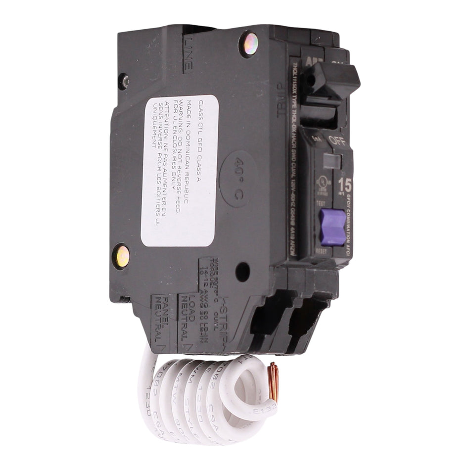 ABB Q-Line, THQL1115DX, 15A, 1P, 120V, AFCI/GFCI, Short Pigtail Neutral, Circuit Breaker