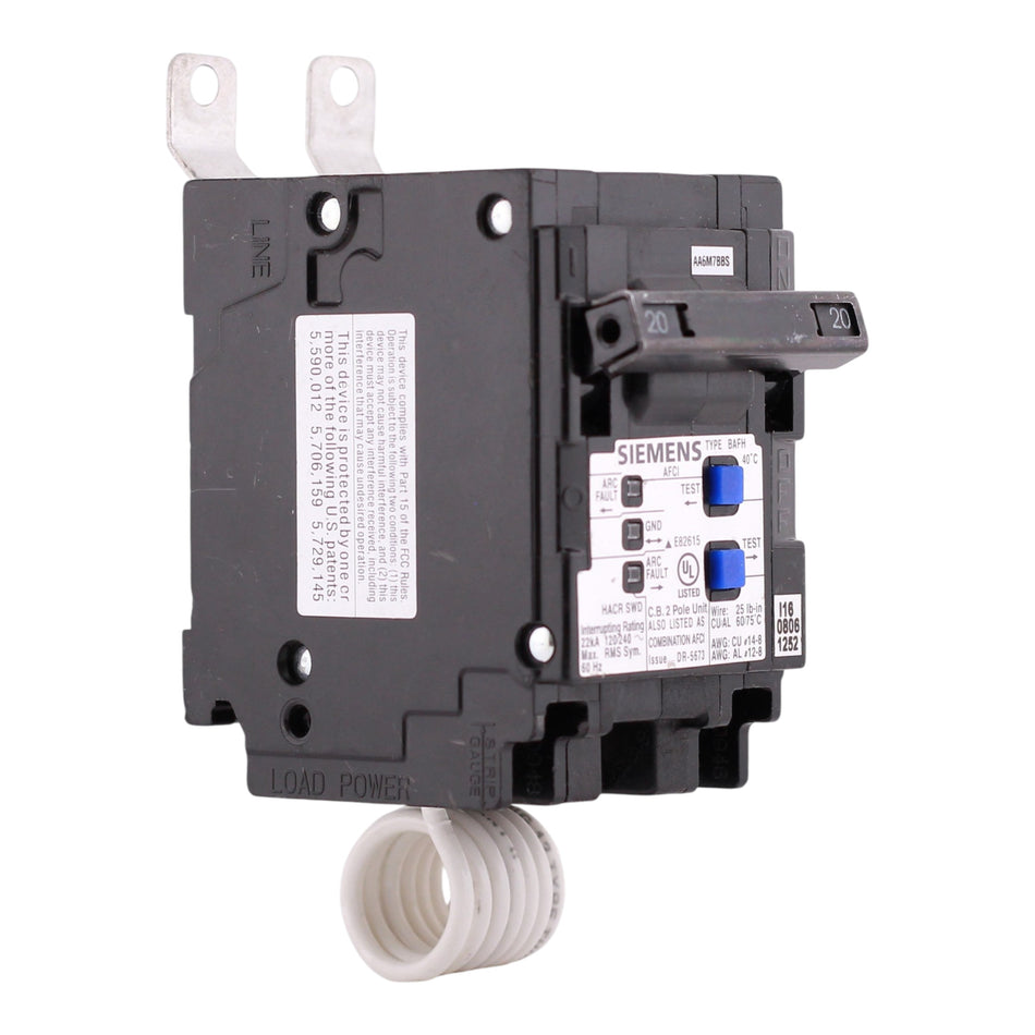 Siemens BAFH, B220AFCH, 20A, 2P, 120/240V, CAFCI, Pigtail Neutral, Circuit Breaker