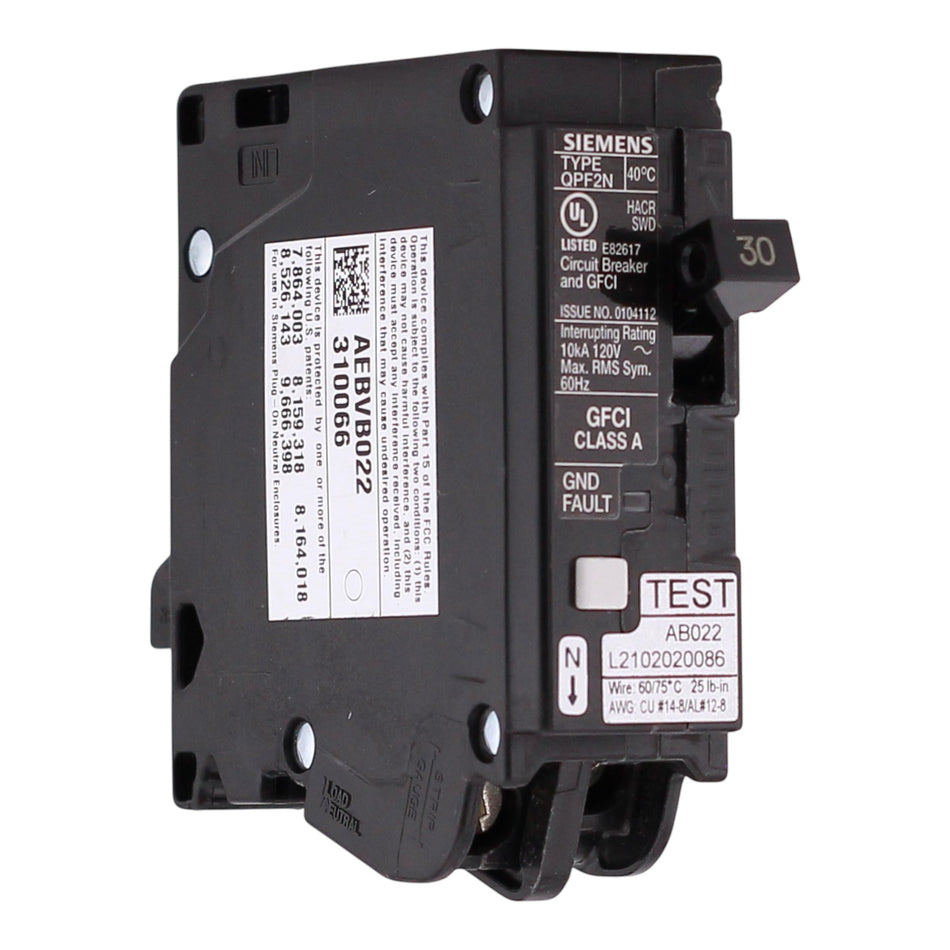 Siemens QPF2N, QF130AN, 30A, 1P, 120V, GFCI, Plug-On Neutral, Circuit Breaker