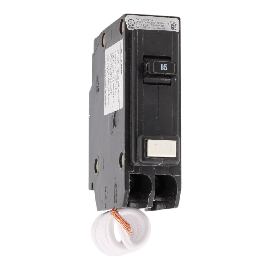 Eaton GFTCB115CS GFCI Circuit Breaker, 15A, 120V, Single-Pole, 10kAIC, Clamshell Pack, Ground Fault Personnel Protection