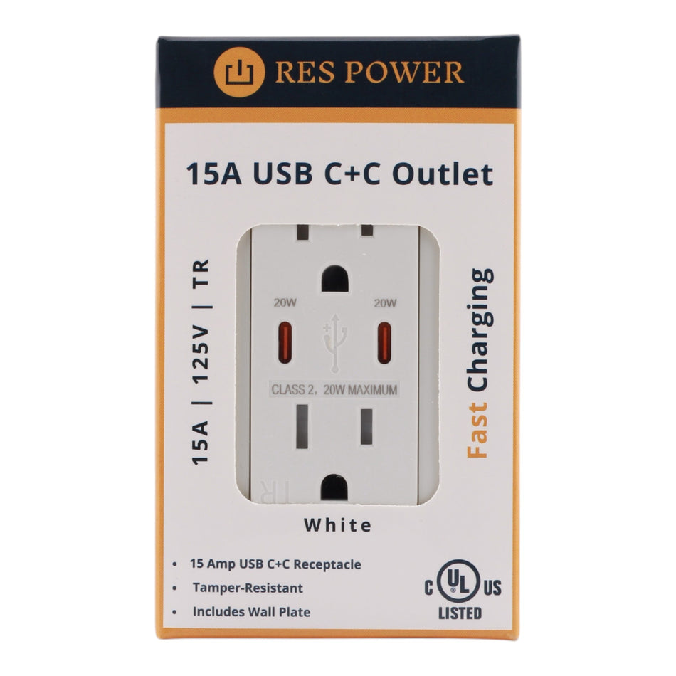 RES POWER 15A USB Outlet, Type C/C, Tamper-Resistant, RES15USBCCFC, White