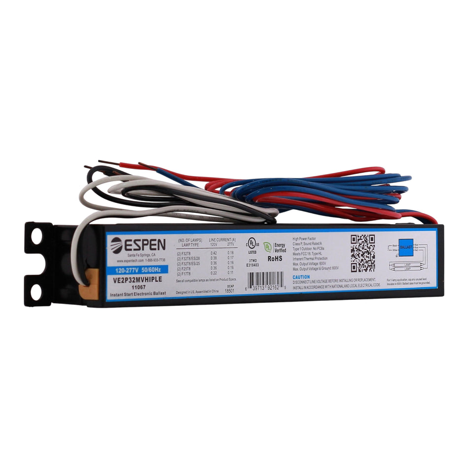 Espen Technology, VE2P32MVHIPLE, 120-277V, 1-2 Lamp, F17/F25/F32/F40 T8, Electronic Fluorescent Ballast