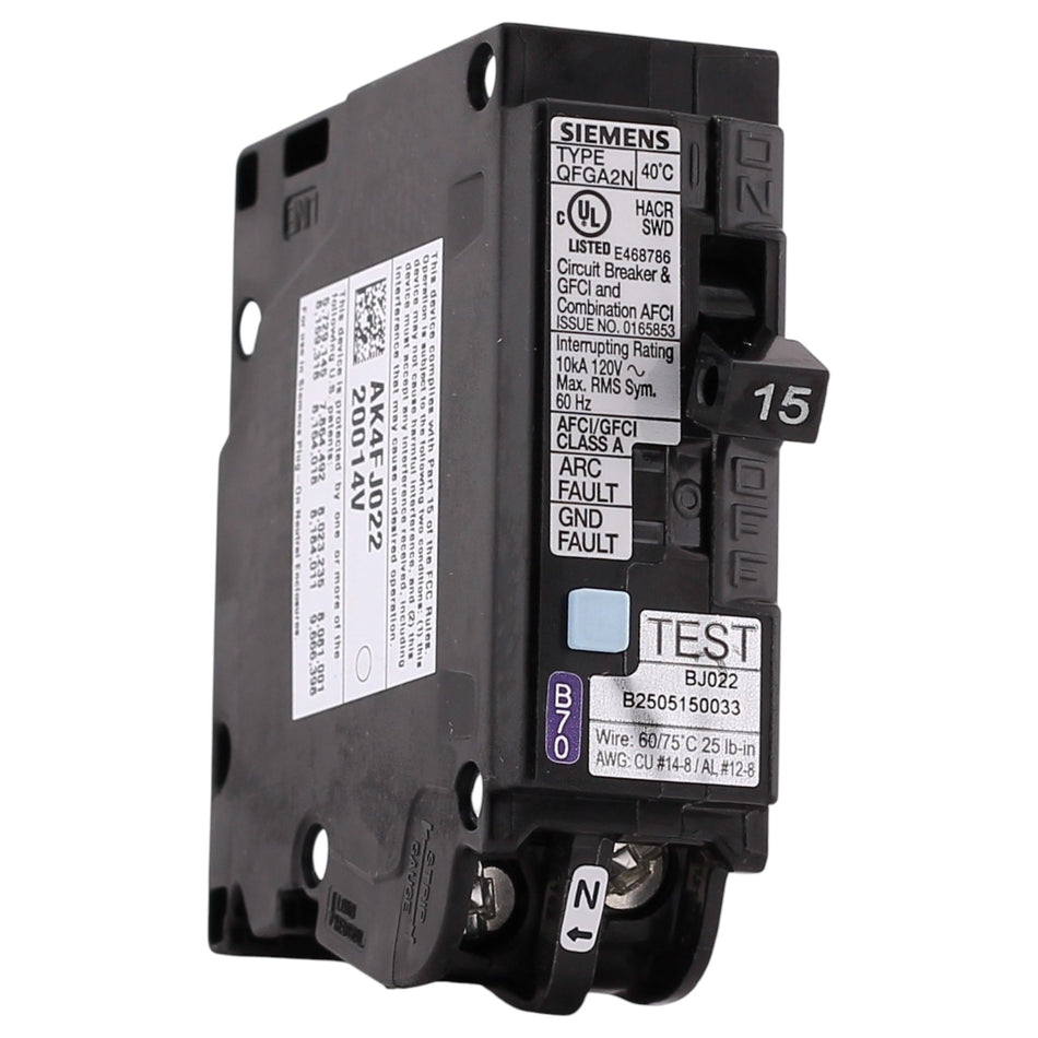 Siemens QFGA2N, Q115DFNCSA, 15A, 1P, 120V, Dual Function AFCI/GFCI, Plug-On Neutral, Circuit Breaker