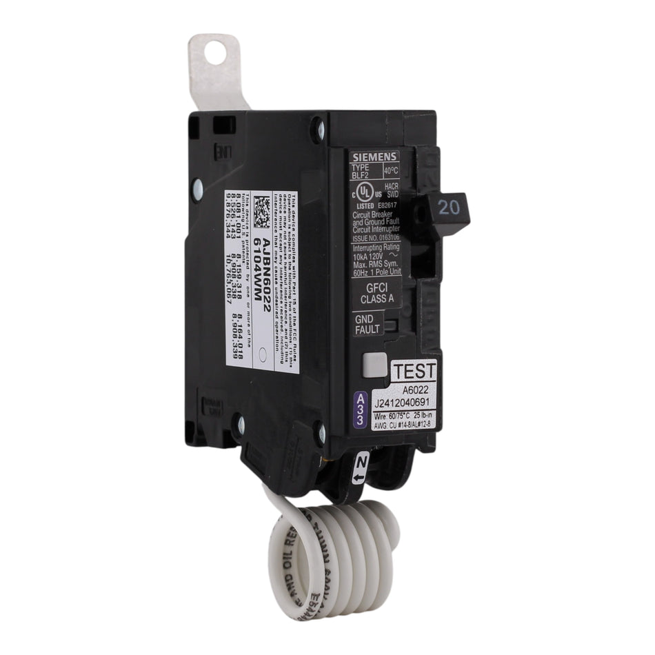 Siemens BLF, BF120A, 20A, 1P, 120V, GFCI, Bolt-On, Pigtail Neutral, Circuit Breaker