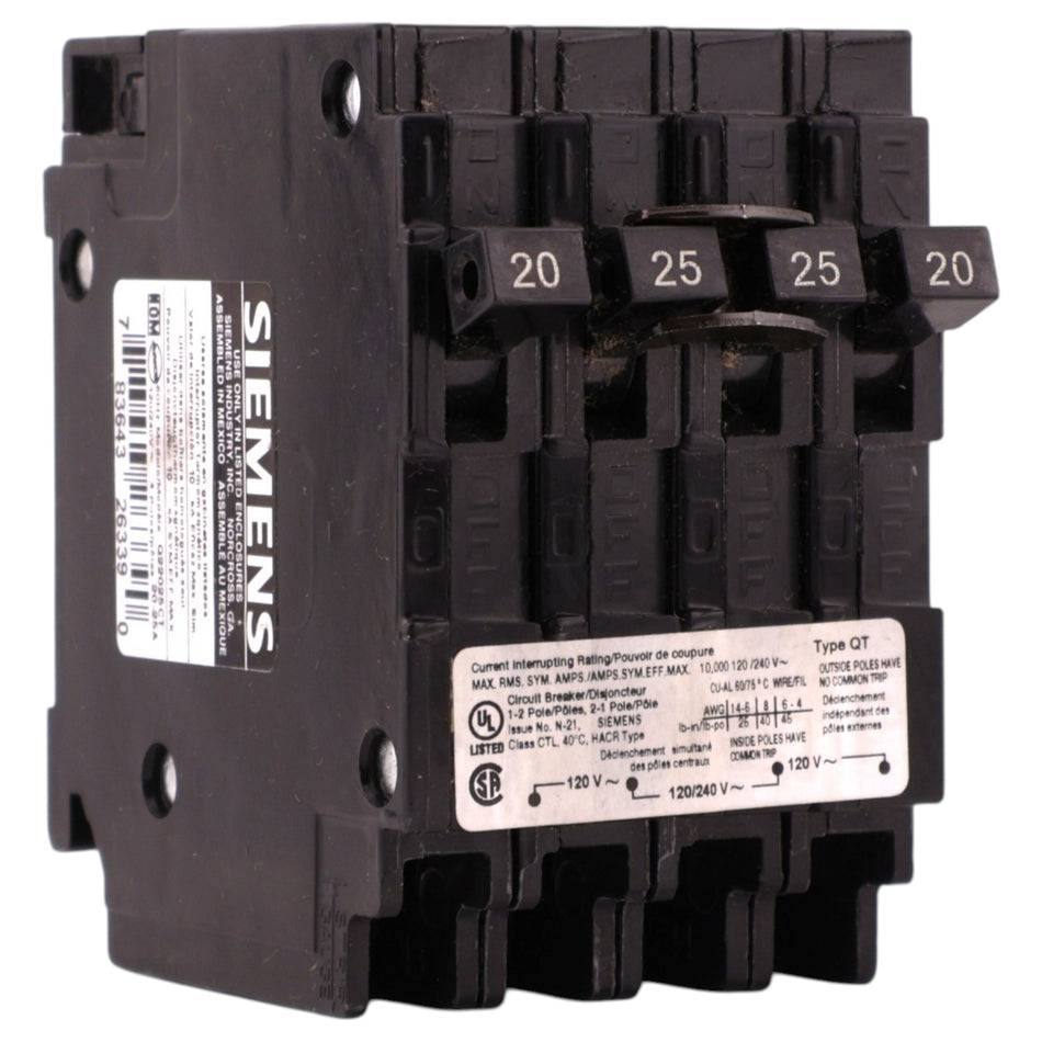 Siemens QT, Q22025CT, 20A/25A, Triplex, 120/240V, 10kA, Plug-In, CTL, Circuit Breaker