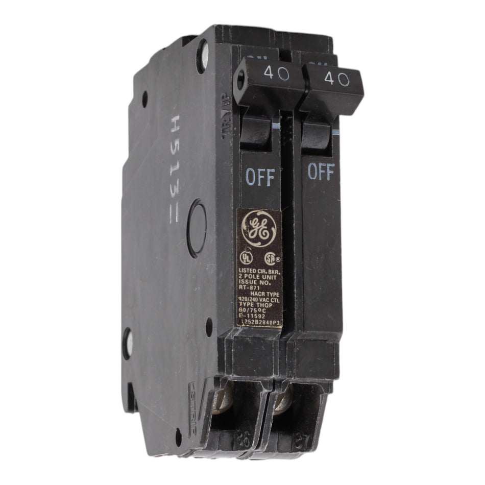 GE THQP240, 40A, 120/240V, 2-Pole Circuit Breaker, Plug-In, for Load Centers and Lighting Panels