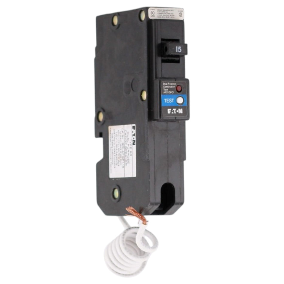Eaton BR, BRLAFGF115, 15A, 1P, 120/240V, Dual Function AFCI/GFCI, Pigtail Neutral, Circuit Breaker