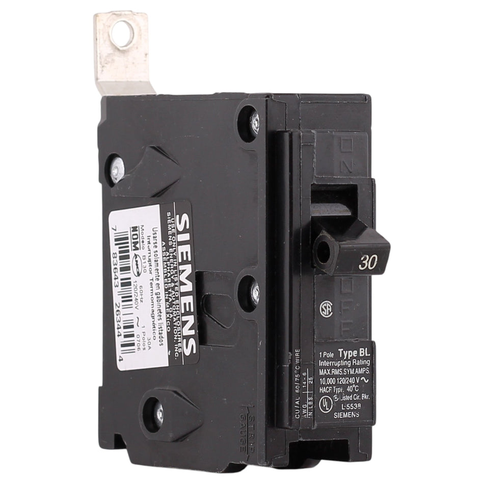 Siemens BL, B130, 30A, 1P, 120/240V, Thermal Magnetic, Bolt-On, Circuit Breaker