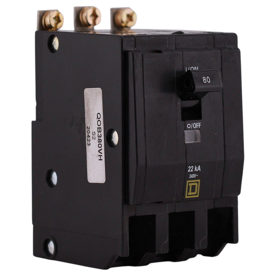 Square D QO, QOB380VH, 80A, 3P, 120/240V, Thermal Magnetic, Bolt-On, Circuit Breaker
