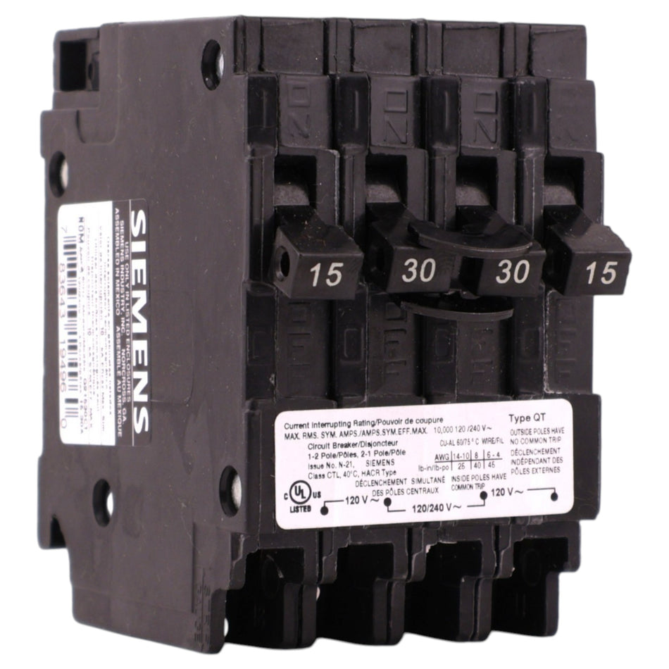 Siemens QT, Q21530CT, 15A/30A, Triplex, 120/240V, 10kA, Plug-In, CTL, Circuit Breaker