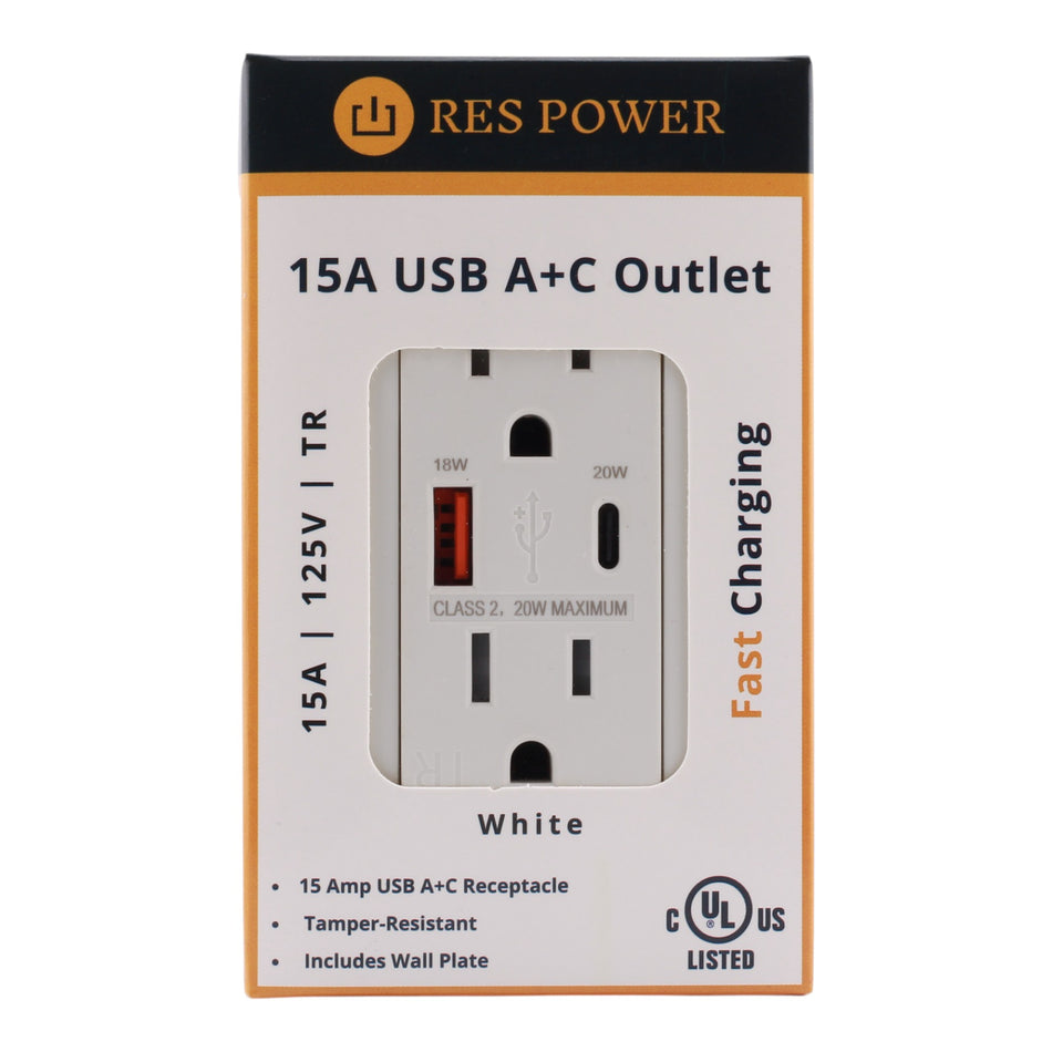 RES POWER 15A USB Outlet, Type A/C, Tamper-Resistant, RES15USBACFC, White