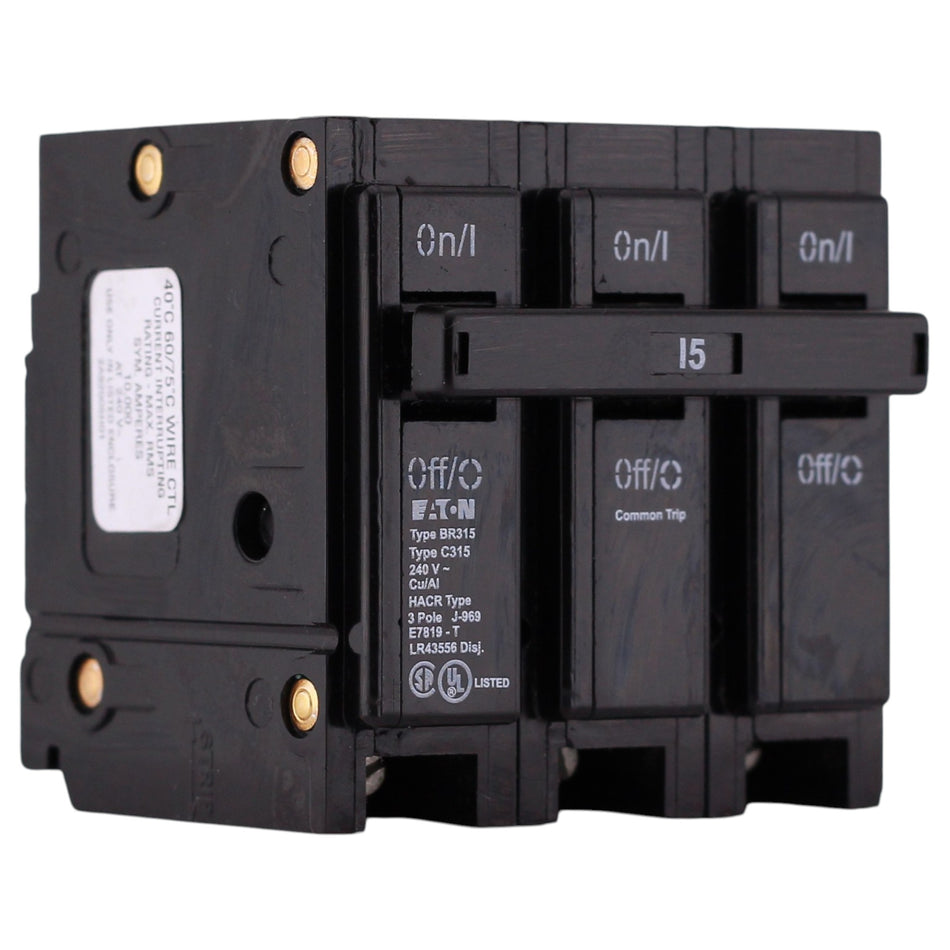 Eaton BR, BR315, 15A, 3P, 240V, Thermal Magnetic, Plug-On, Circuit Breaker