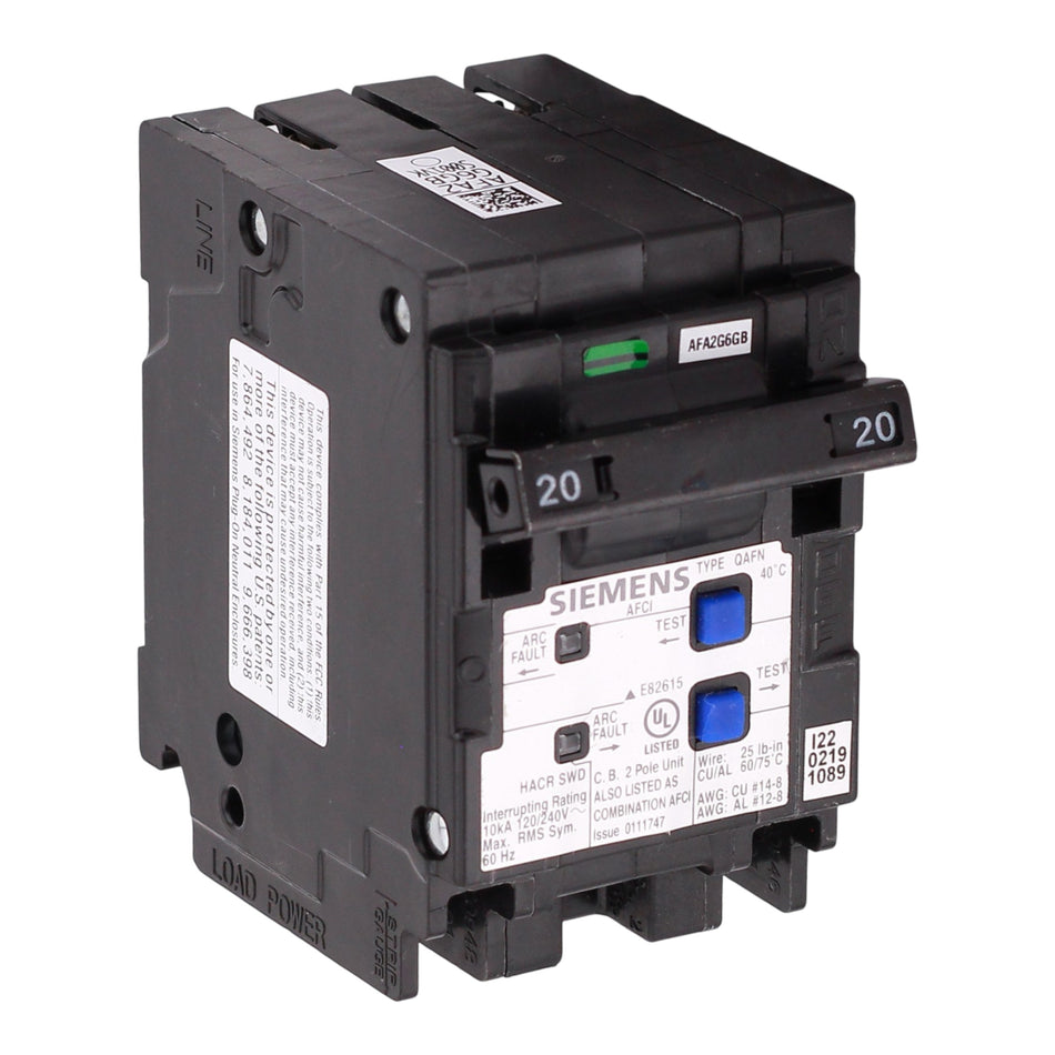 Siemens QAFN, Q220AFCN, 20A, 2P, 120/240V, CAFCI, Plug-On Neutral, Circuit Breaker