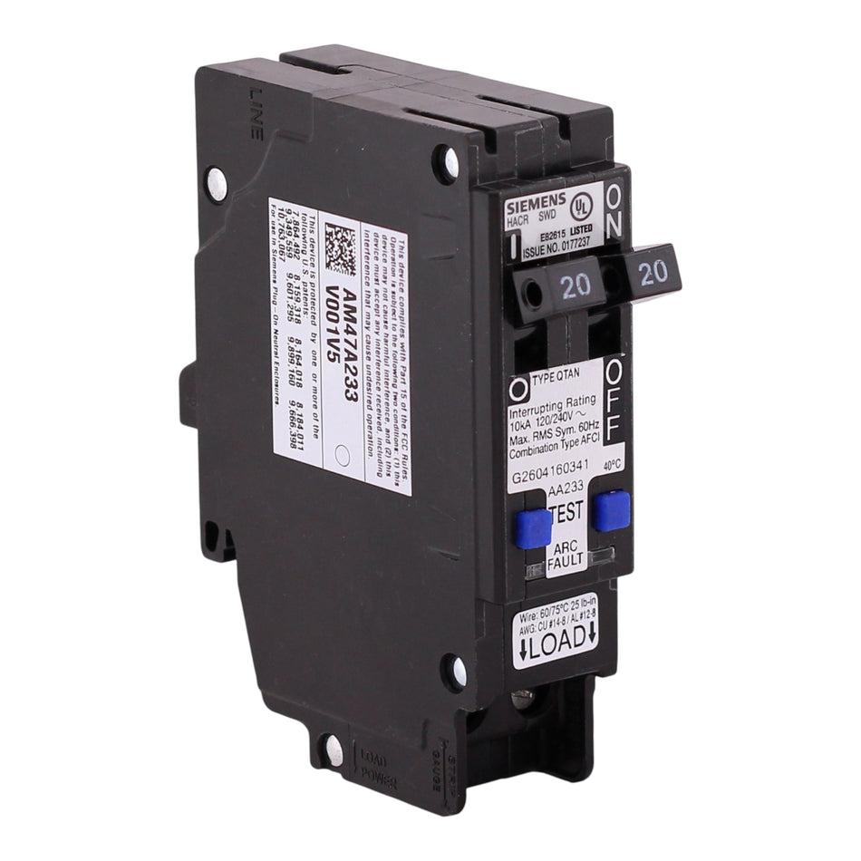 Siemens QTAN, Q2020AFCN, 20A+20A, 2-Circuit Tandem, 120V, 10kA, Plug-On Neutral, AFCI, Circuit Breaker