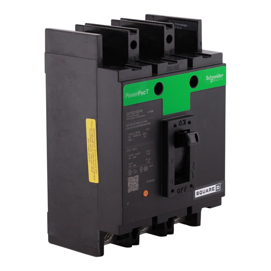 Square D PowerPacT Q, QDP32150TM, 150A, 3P, 240V, 25kA, Unit Mount, Terminal Nut/Lug, 80%, MCCB