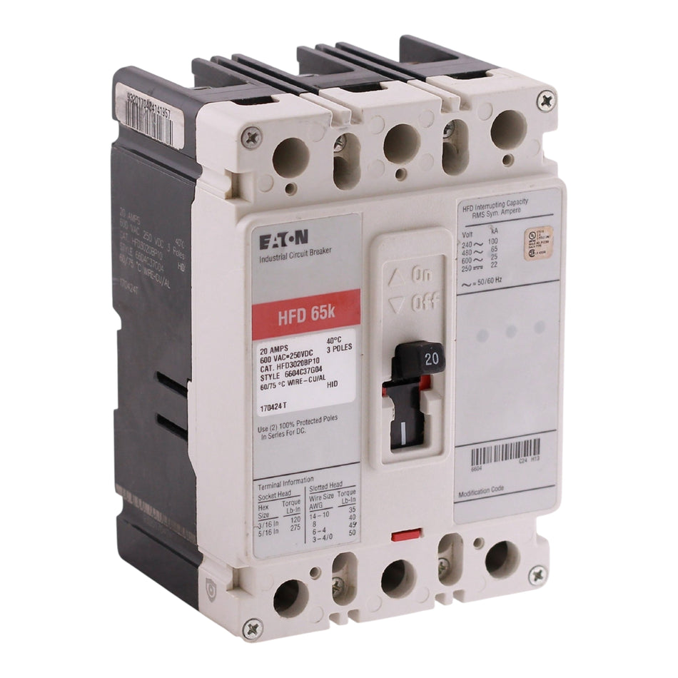 Eaton Series C HFD, HFD3020BP10, 20A, 3P, 600V, 100kA, Cable-In/Cable-Out, Plug-In, F-Frame, MCCB