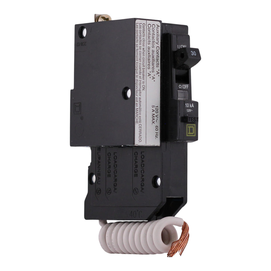 Square D QO, QOB130EPD1200, 30A, 1P, 120V, GFCI Class B, Aux Switch, Bolt-On