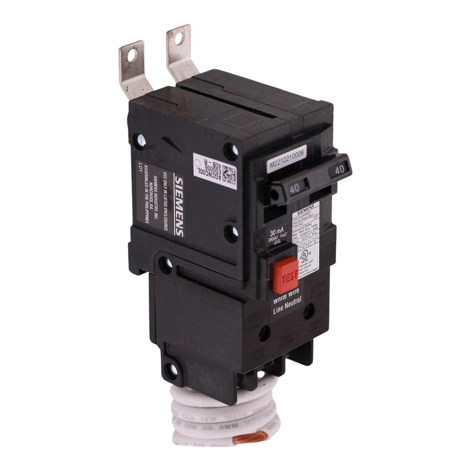 Siemens BLE, BE240, 40A, 2P, 120/240V, 10kA, GFEP, 30mA, Pigtail Neutral, Bolt-On, Circuit Breaker