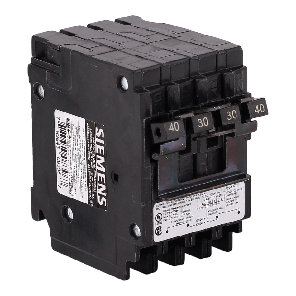 Siemens QT, Q24030CT2, 40A/30A, 2P, 120/240V, 10kA, Quadplex, Plug-In, Circuit Breaker