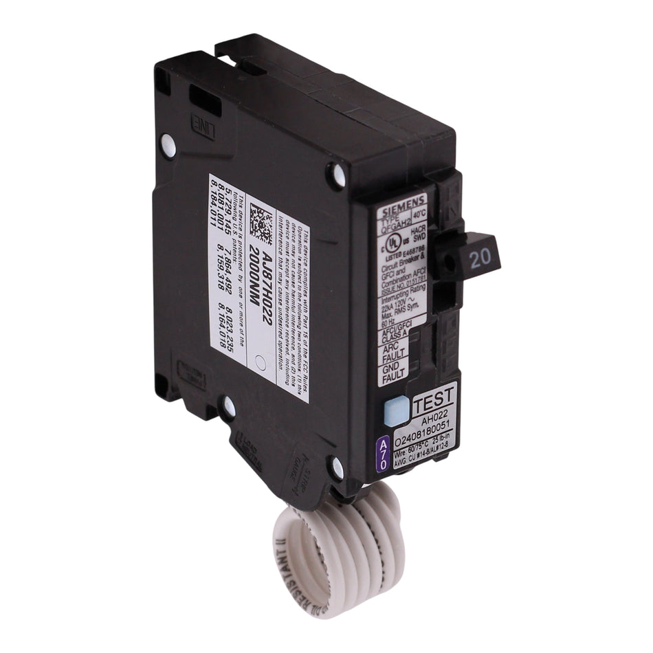 Siemens QFGA2, Q120DFH, 20A, 1P, 120V, Dual Function AFCI/GFCI, Pigtail Neutral, Circuit Breaker