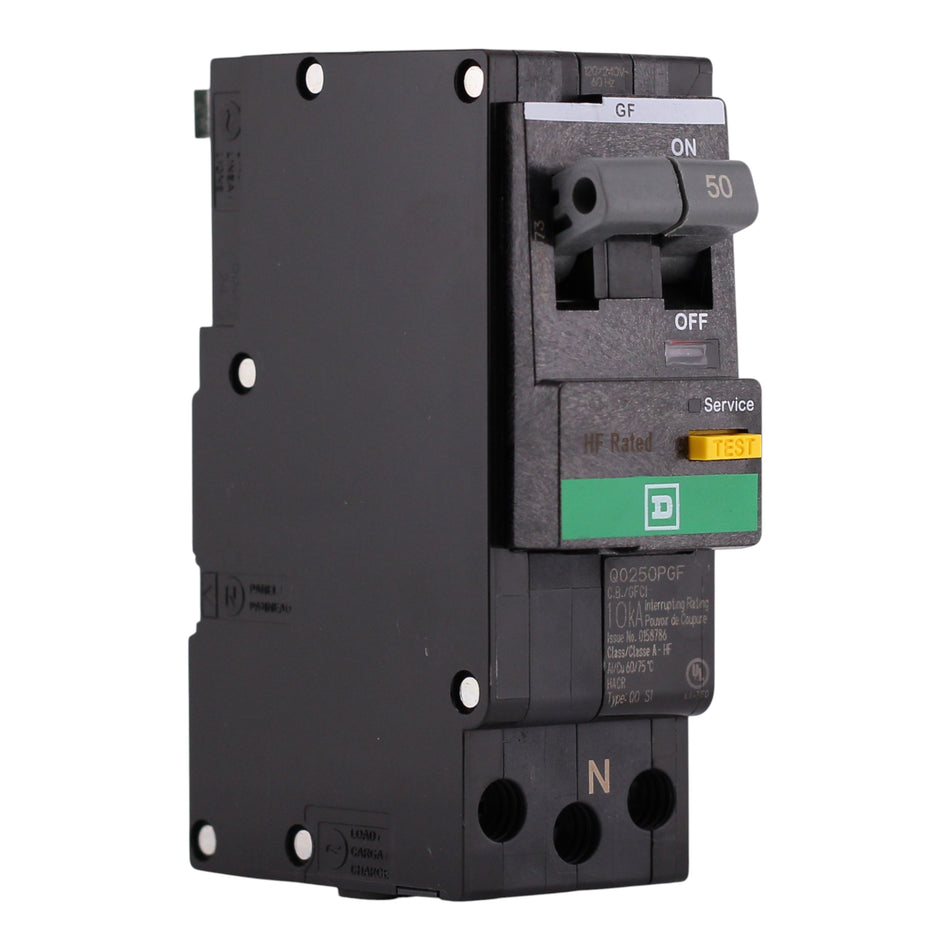 Square D QO, QO250PGF, 50A, 2P, 120/240V, GFCI, Plug-On Neutral, Circuit Breaker