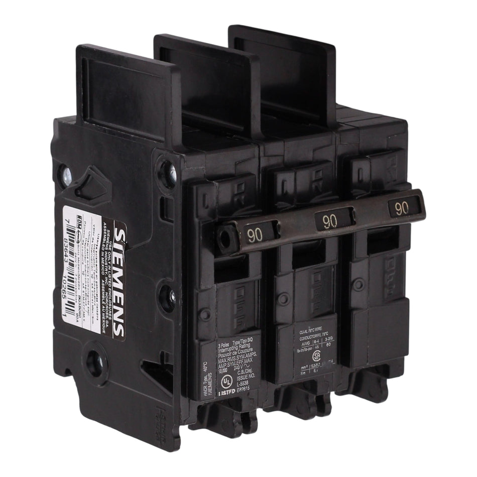 Siemens BQ, BQ3B090, 90A, 3P, 240V, 10kA, Thermal Magnetic, Bolt-On, Circuit Breaker