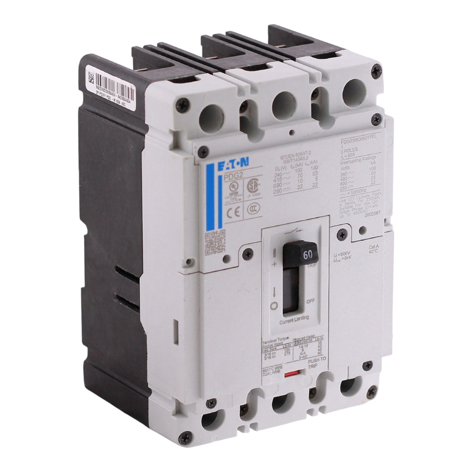 Eaton Power Defense, PDG23M0060TFFL, 60A, 3P, 600V, 65kA, Load Terminals, Thermal-Magnetic, MCCB