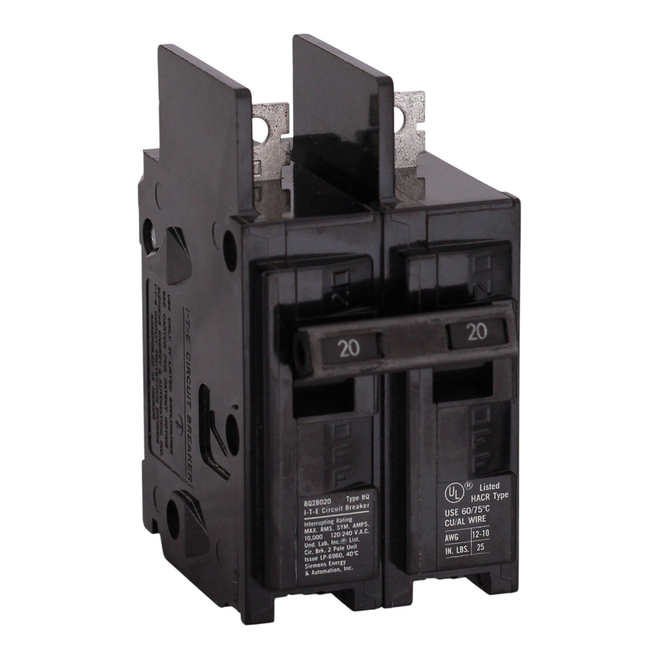 Siemens BQ, BQ2B020, 20A, 2P, 120/240V, 10kA, Thermal Magnetic, Bolt-On, Circuit Breaker