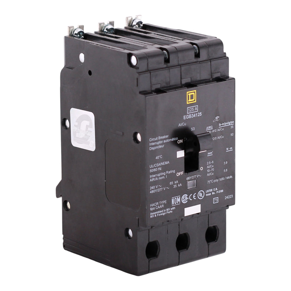 Square D E-Frame, EGB34125, 125A, 3P, 480Y/277V, 65kA, Bolt-On, Thermal-Magnetic, NF Panelboard, Circuit Breaker