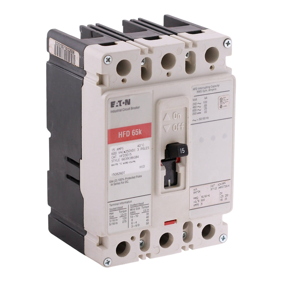 Eaton Series C HFD, HFD3015, 15A, 3P, 600V, 100kA/65kA, Load Terminals, Bolt-On, F-Frame, MCCB