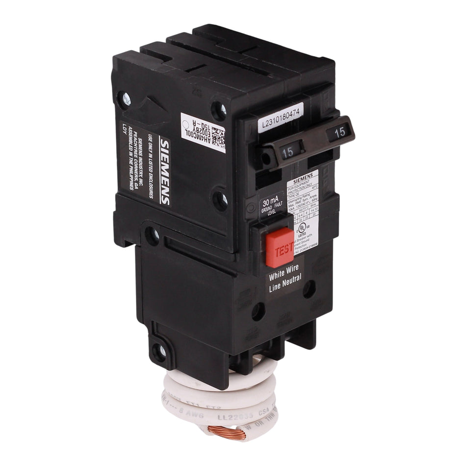 Siemens QE, QE215, 15A, 2P, 120/240V, GFCI, Pigtail Neutral, Circuit Breaker