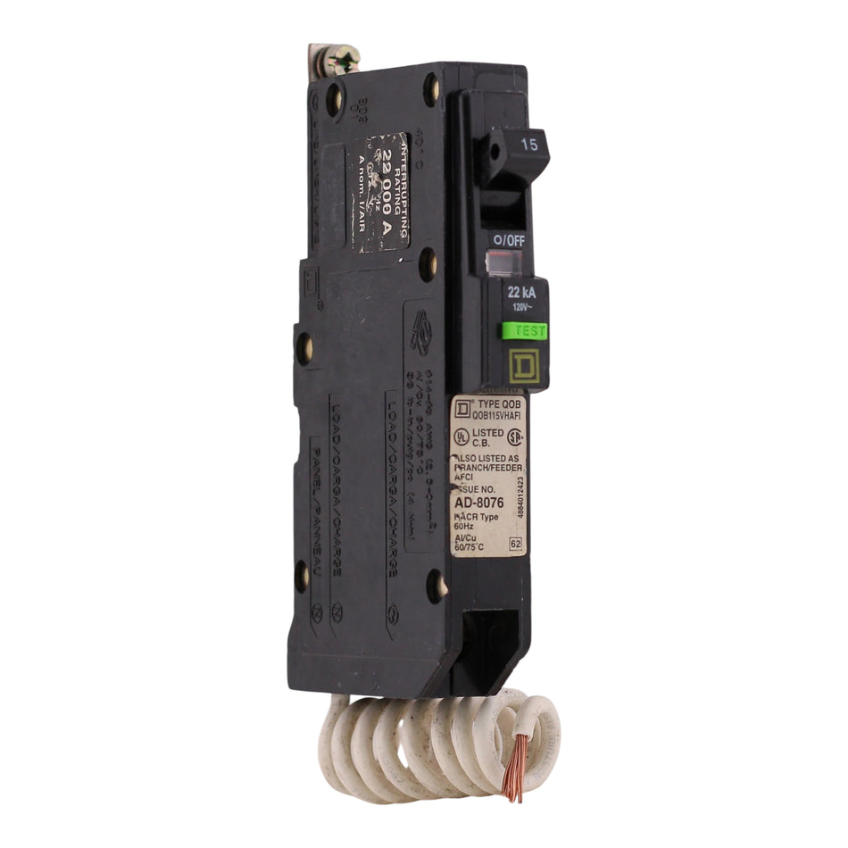 Square D QO, QOB115VHAFI, 15A, 1P, 120V, AFCI, Pigtail, Circuit Breaker
